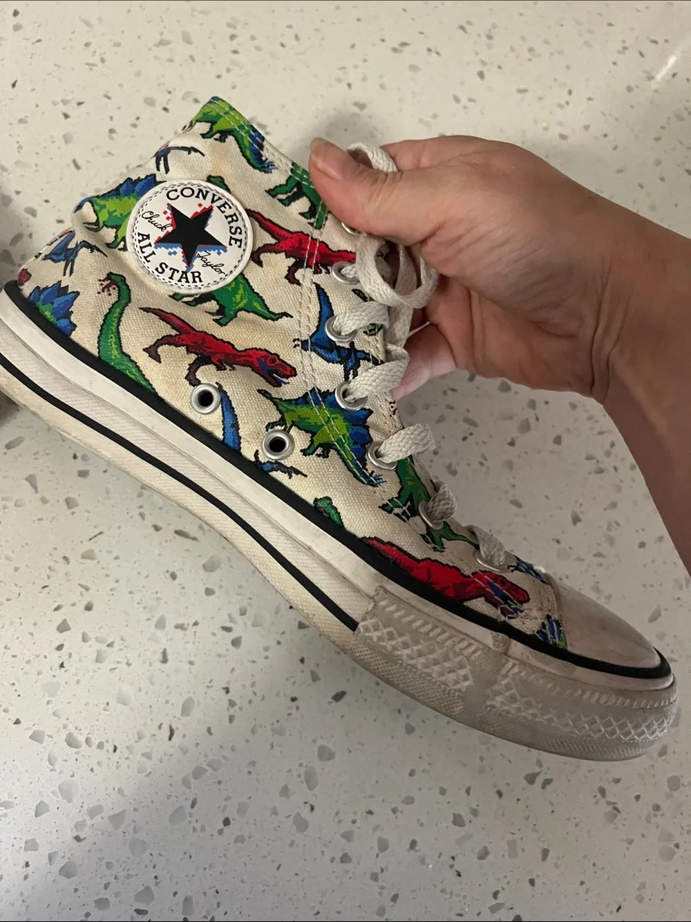 Converse Kids High Top Sneakers - White with Green, Blue & Red Dinosaur Print 4